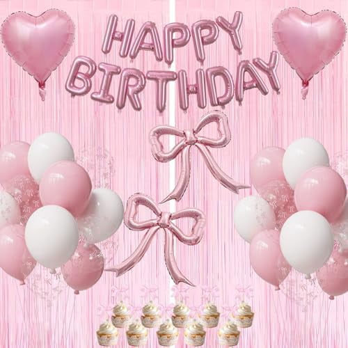Pink Bow Birthday Party Decorations Kit with Bows Happy Birthday Balloon Banner, Pastel Pink Fringe Backdrop, Heart Balloons and Cake Toppers – Coquette Decor for Girls & Women