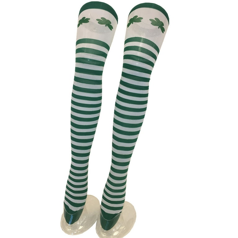 TINYSOME Irish Saint Patricks Day Thigh High Stockings Green Shamrock  Clover Striped Print Over Knee Long Socks Festival Tights