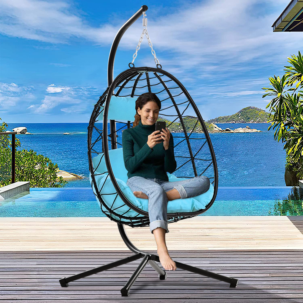 Clearance! Hanging Wicker Egg Chair, Outdoor Patio Hanging Chairs with Stand, UV Resistant Hammock Chair with Comfortable Light Blue Cushion, Durable Indoor Swing Egg Chair for Garden, Backyard, L3938 - image 1 of 10
