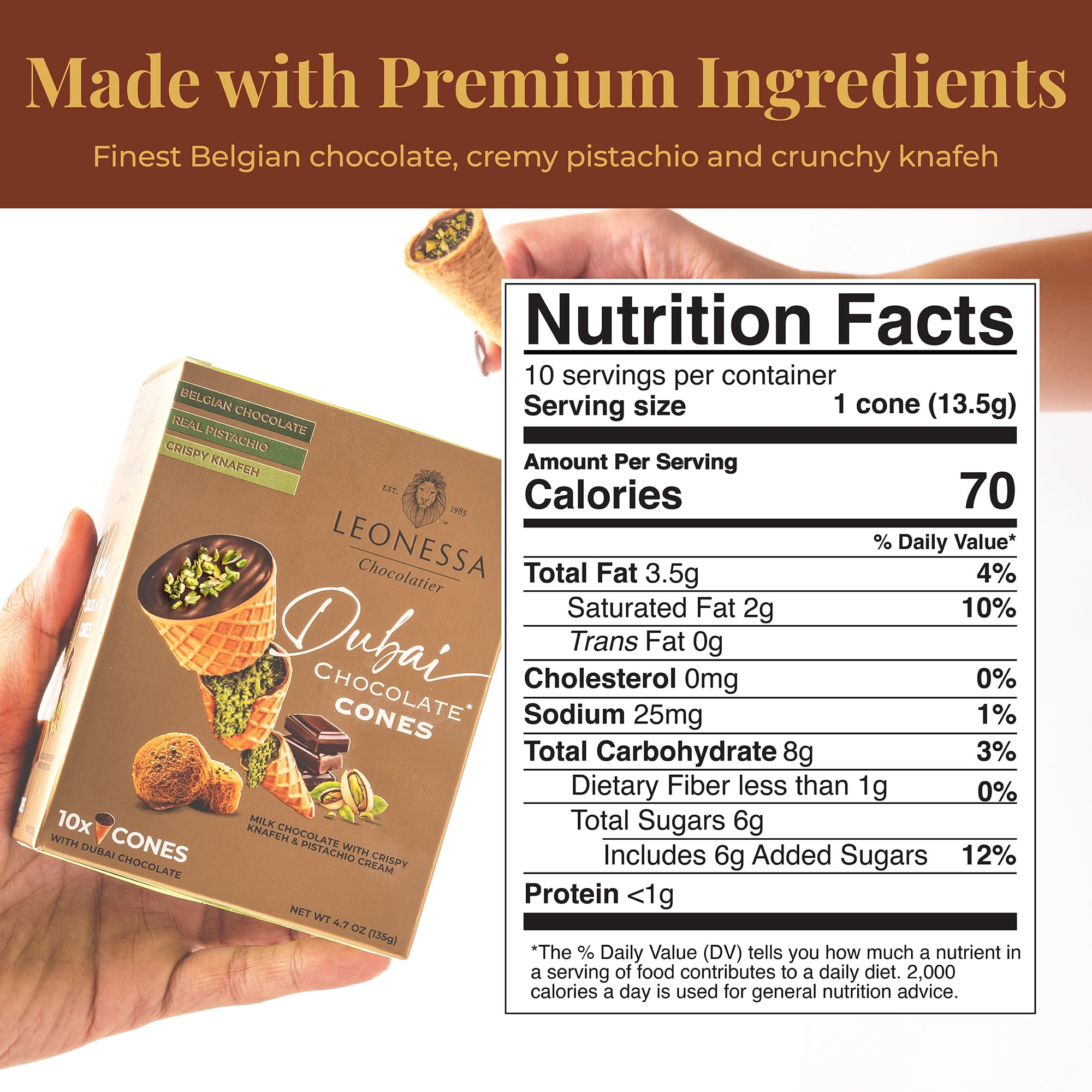 Leonessa Dubai Chocolate Cones with Pistachio Kunafa, Made with Belgian Chocolates, 4.7 oz, 10 Count