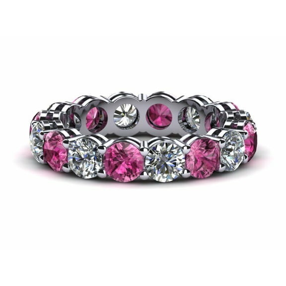 Pink Ruby And Diamond Eternity Band, Full Eternity Diamond Wedding Band, Gemstone Band, 14K White Gold Plated, 2.5 Ct Simulated Pink Ruby And Diamond, Anniversary Band For Her