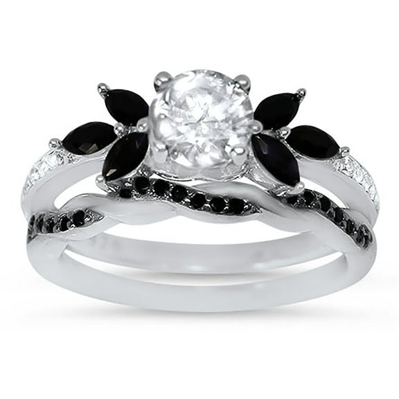 LaRaso & Co Black CZ Wedding Set for Women 1 Carat Solitaire Sterling Silver Size 7