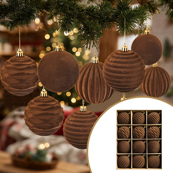 12PCS Brown Velvet Christmas Ornaments 3.15 Inch, Flocked Shatterproof Xmas Tree Balls for Holiday Home Wedding Party Decorations