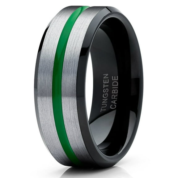 Men's Black Tungsten Ring Green Tungsten Ring Anniversary Ring 8mm Green Tungsten Ring Comfort Fit