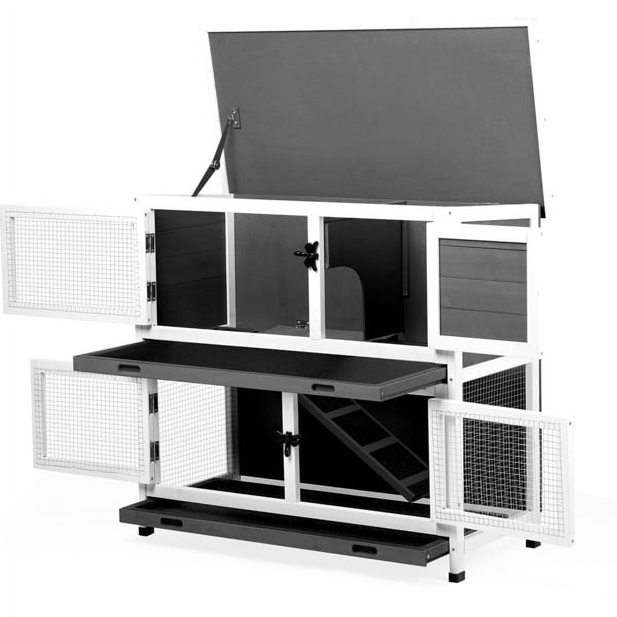 Imerelez 2 Tiers Solid Wood Rabbit Hutch Bunny Cage with 2 Large Main Rooms, Indoor Outdoor Rabbit House Guinea Pig Cage Pet House for Small Animals with 2 Removable Trays, Grey
