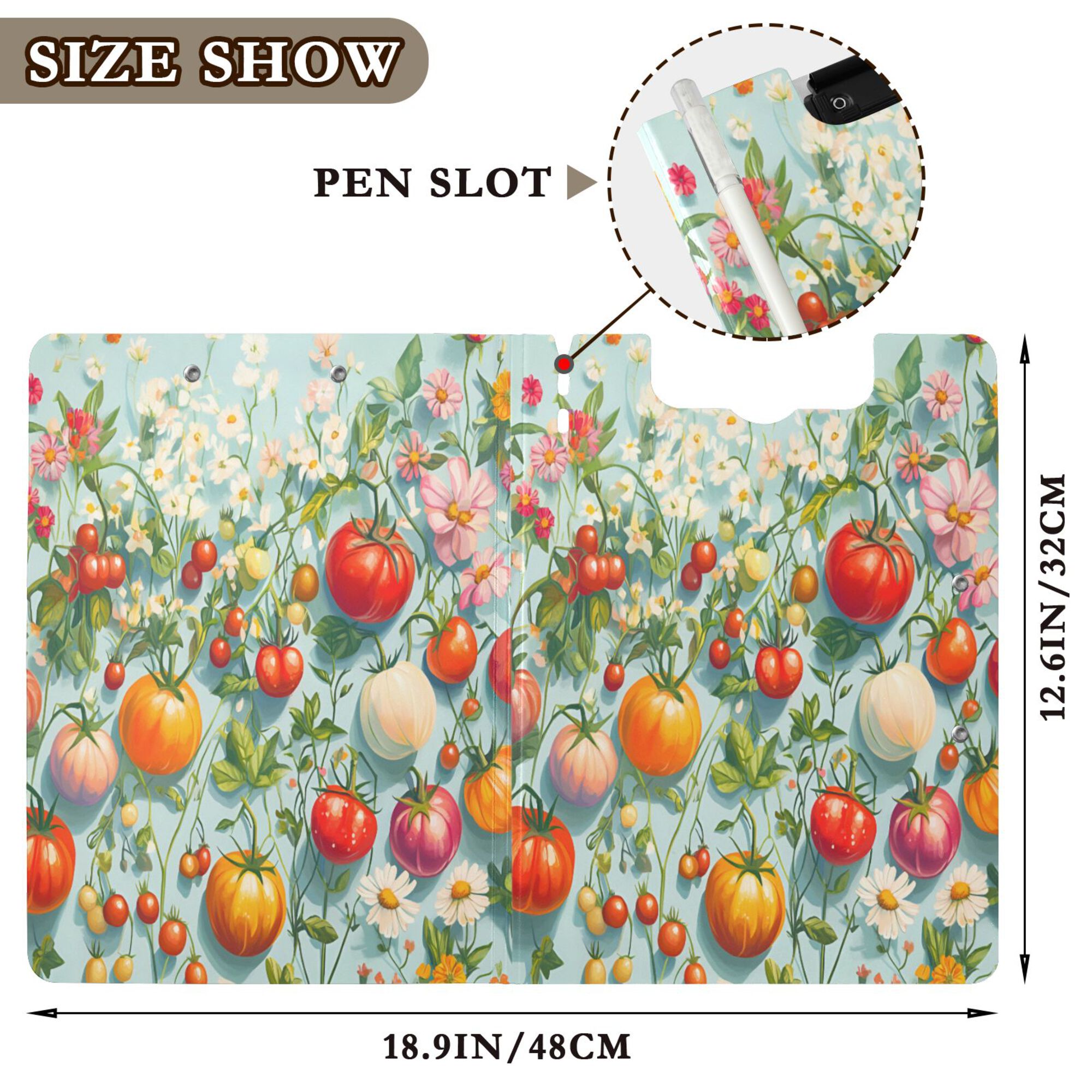 FORMRS A4 Clipboard Folder with Pen Holder Horizontal Foldable School Office Binder, Green Floral Tomatoes