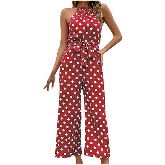 Womens Summer Neck Jumpsuits Sleeveless Polka Dots High Waist Wide Leg Pants One Piece Romper with Pockets
