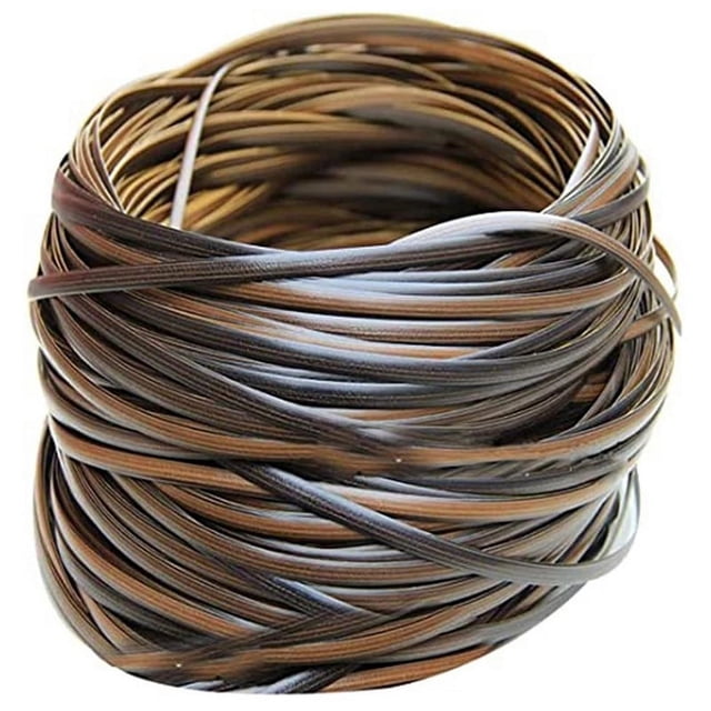 Coffee Gradient Flat Synthetic Rattan Weaving Material made of durable polyethylene (PE), featuring UV resistance and waterproof properties. The material is coiled and showcases a mix of brown and coffee tones, suitable for repairing and weaving chairs, tables, storage baskets, and Easter baskets. Dimensions include a width of 8mm, thickness of 1.2mm, and length of 32 meters.