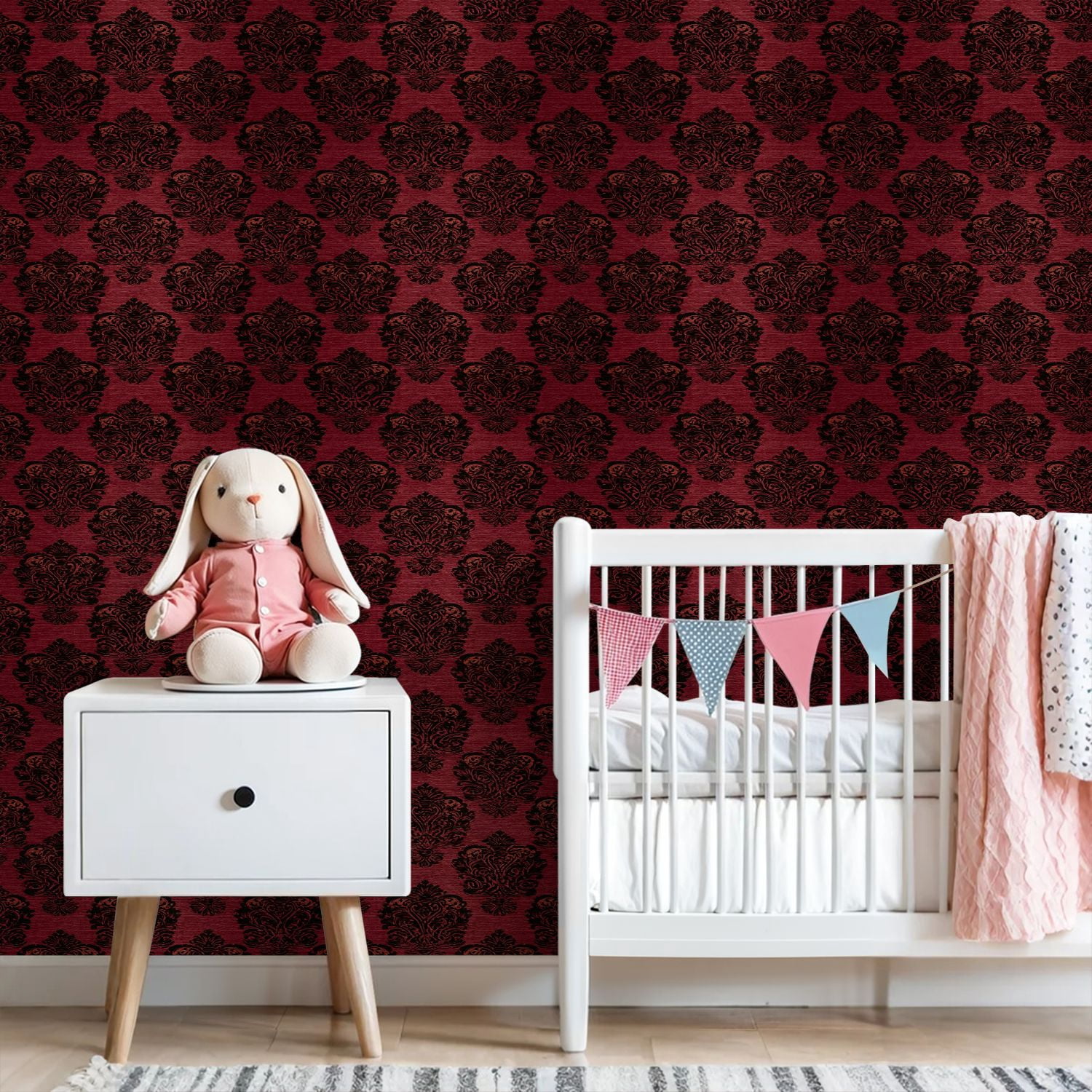 Peel and Stick Wallpaper Elegant Red Black Damask Vintage Design Wall Mural 23.6in x 9.8ft Self Adhesive Removable Wall Paper Renter Friendly Wallpaper for Nursery Bedroom Cabinets