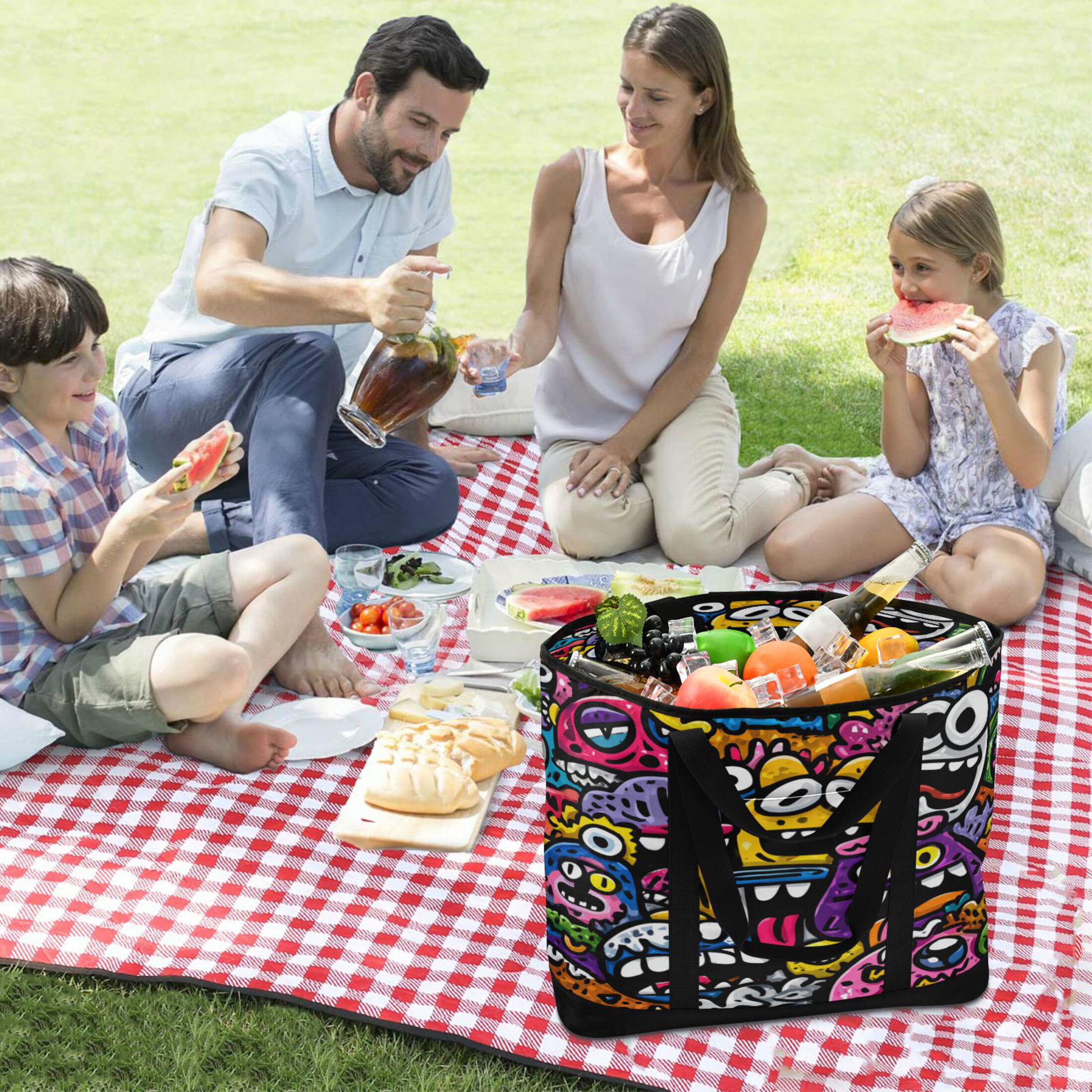 Extra-Large Wide Opening Design Capacity Hand-Held Ice Pack Thickened Insulation Layer For Long-Lasting Cold Retention For Outdoor Shopping Picnics And Camping Colorful Cartoon Monsters