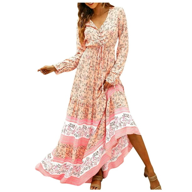 Vestido de manga larga con cuello en V y estampado floral informal de invierno cómodo para mujer Pompotops hdfakjf8710