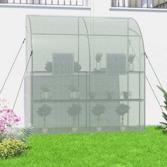 BPS 7x3x7 FT Lean to Greenhouse with Shelves, Large Walk-in Greenhouse with Waterproof PE Cover for Garden, Backyard, White