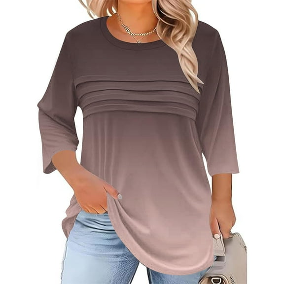 Plus Size Women's Pleated Tunic Tops Fall Long Sleeve Blouses Fashion Curved Hem Shirts Dressy Casual Brown XXXXXL