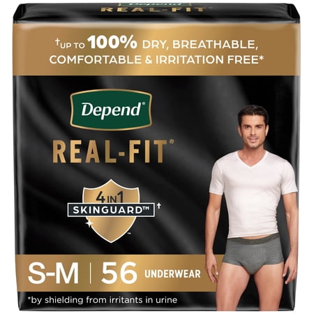 Depend Real Fit Men's Incontinence Underwear, Maximum Absorbency, S/M, Grey, 56 Ct