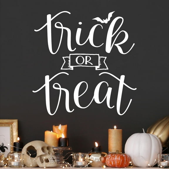 Trick or Treat (cursive) square Vinyl Lettering Wall Decal Halloween Decals and Stickers Wall Decor Craft - Size: 20"H x 20"L - Color: White