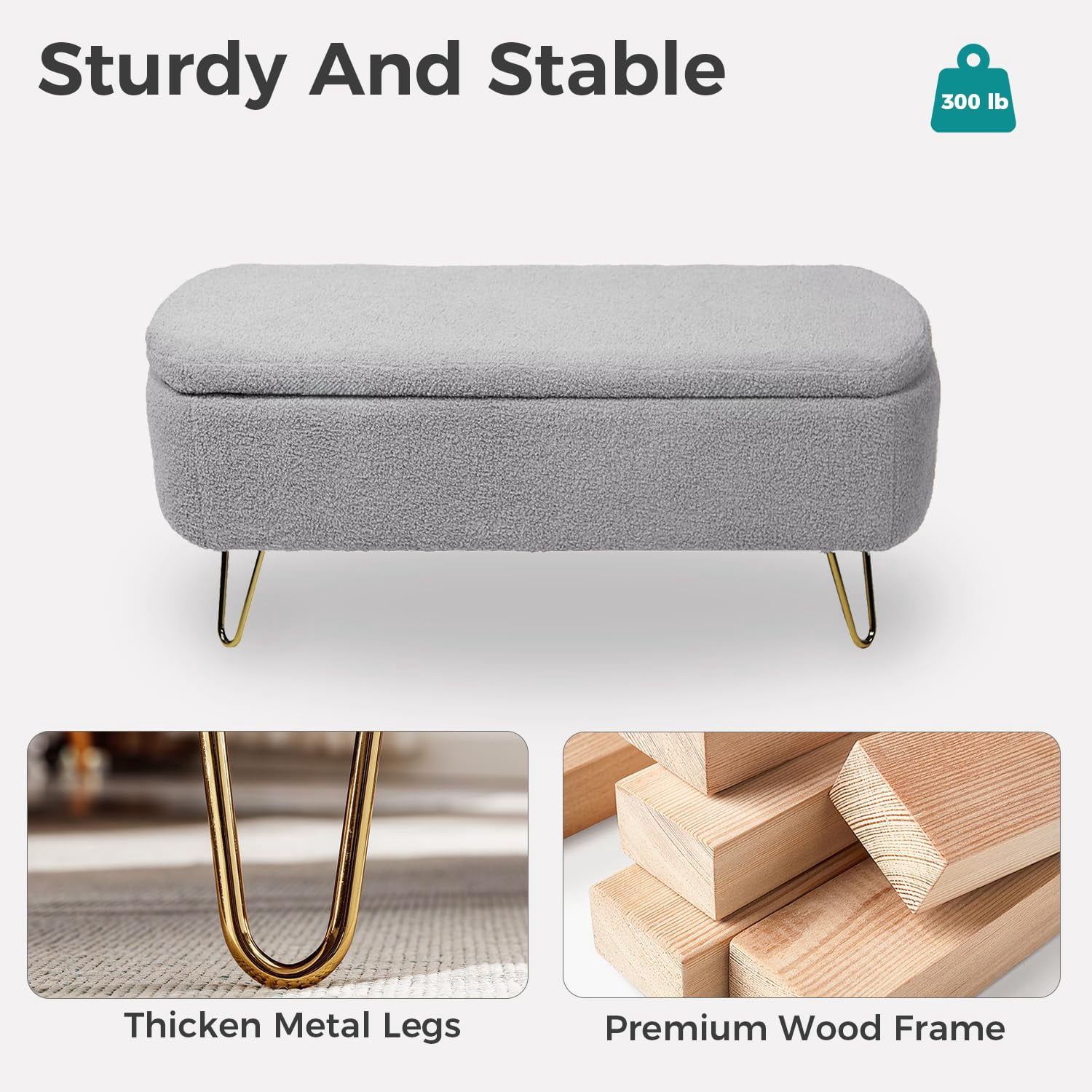 LEHZROAJ Upholstered Storage Bench,Rectangular Padded Ottoman, Shoe Storage with Gold Legs, End of Bed for Bedroom, Entryway, and Living Room(Gray)