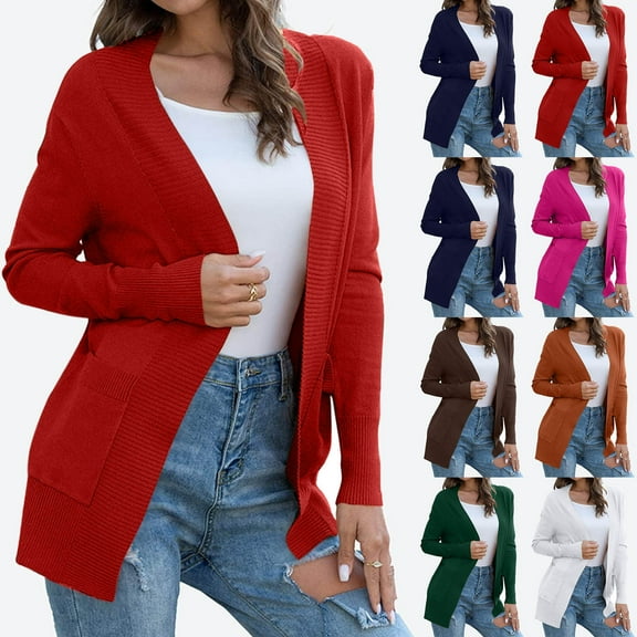 UTSJKR Women's Lightweight Long Sleeve Knit Cardigan with Pockets Open Front Casual Sweater for Spring Fall Hot Pink M