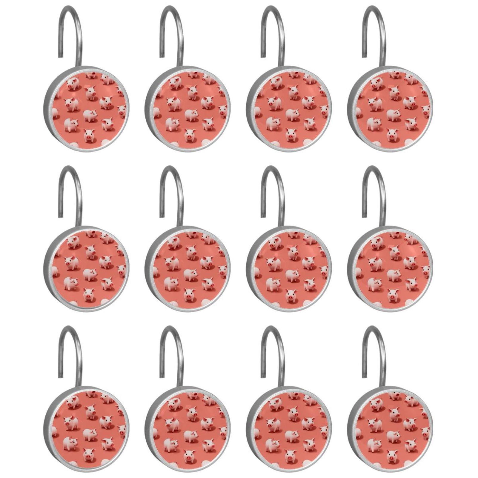 12pcs Decorative Shower Curtain Hooks, Rust Resistant Shower Rings for Bathroom Living Room,Rustproof Stainless Steel Rings for Shower Curtain and Liner Rods,Pig Pink Background