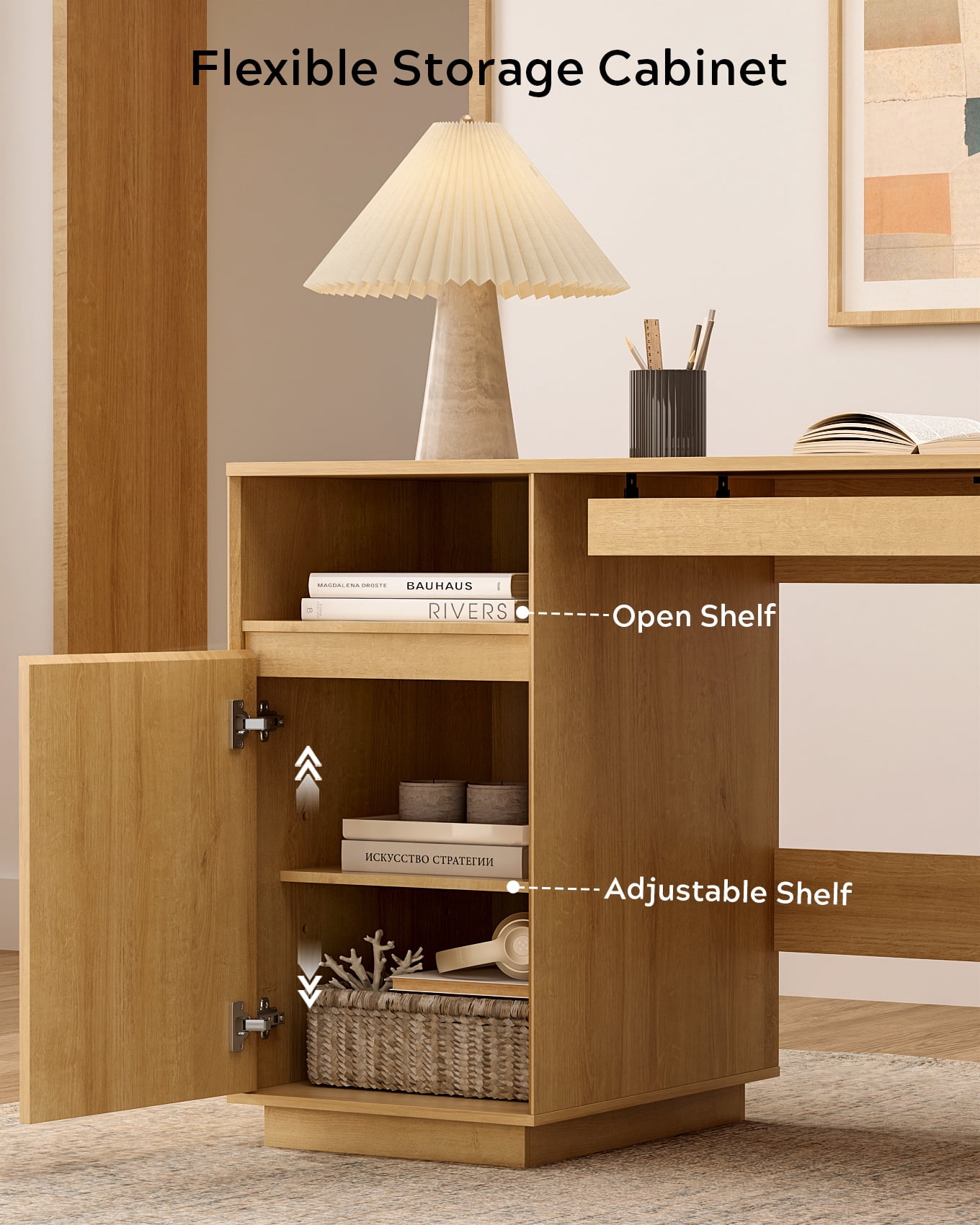 EYYTHUNG 59" Executive Desk, Farmhouse Large Home Office Desk with File Drawer & Outlet & Storage Cabinet, Wood Computer Desks with Keyboard Tray, Natural Oak