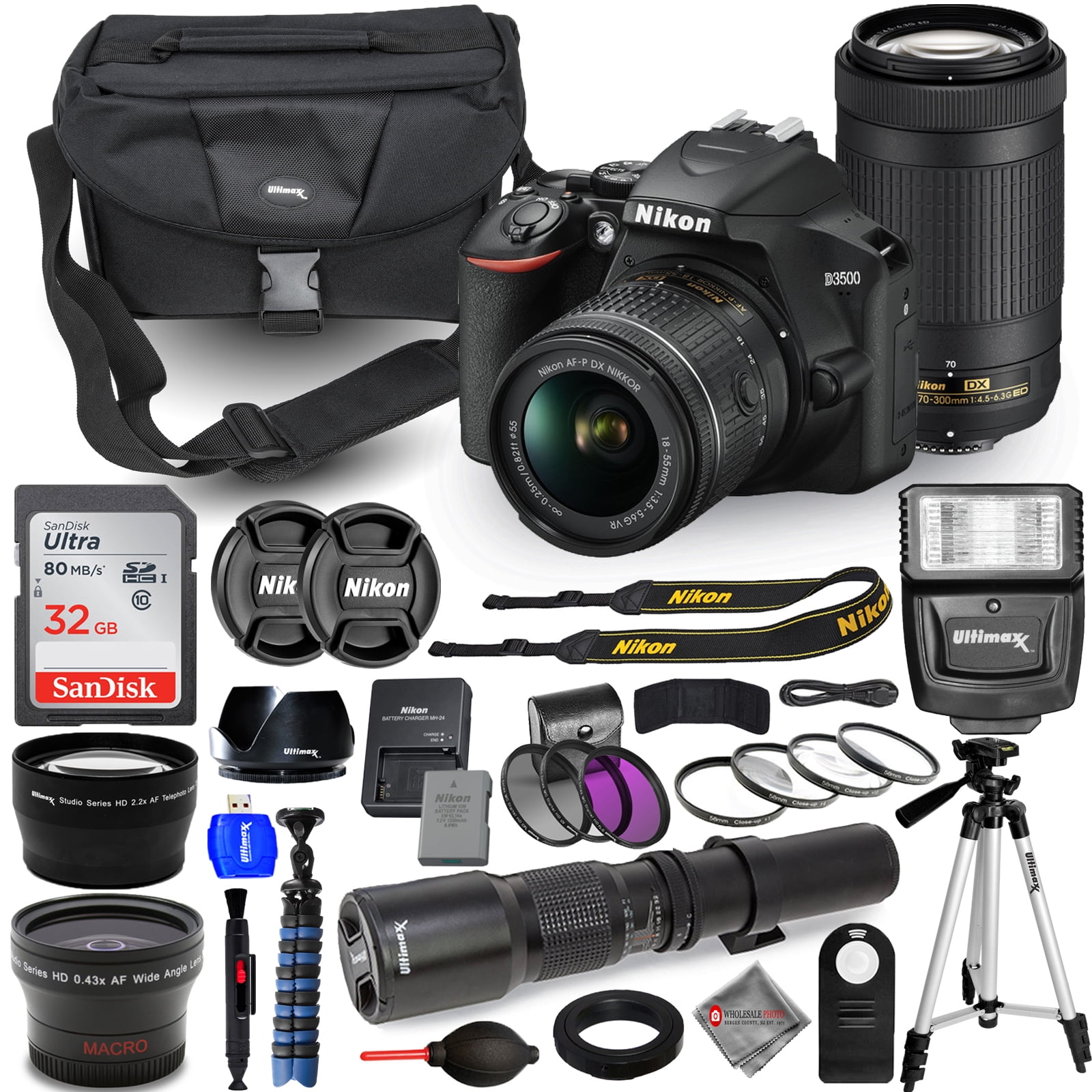 Nikon D3500 DSLR Camera + 1855mm + 70300mm + 500mm 4 Lens Bundle with