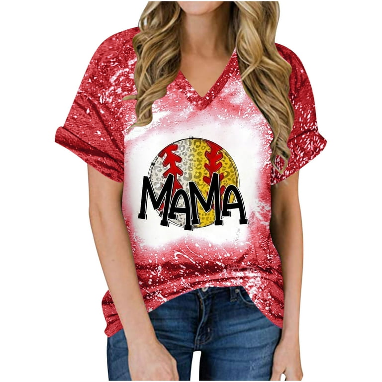 Mama T Shirts for Women Casual Letter Print T-Shirt Short Sleeve V Neck Tee  Shirt Loose Fit Athletic Blouses 