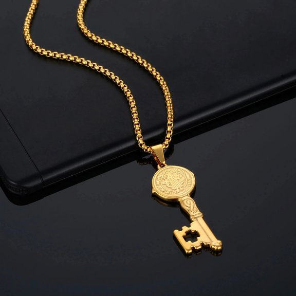 San Benito Necklace 14K Yellow Gold Key Necklace For Women Men St Benedict Cross Key Necklaces Choker Religious Jewelry