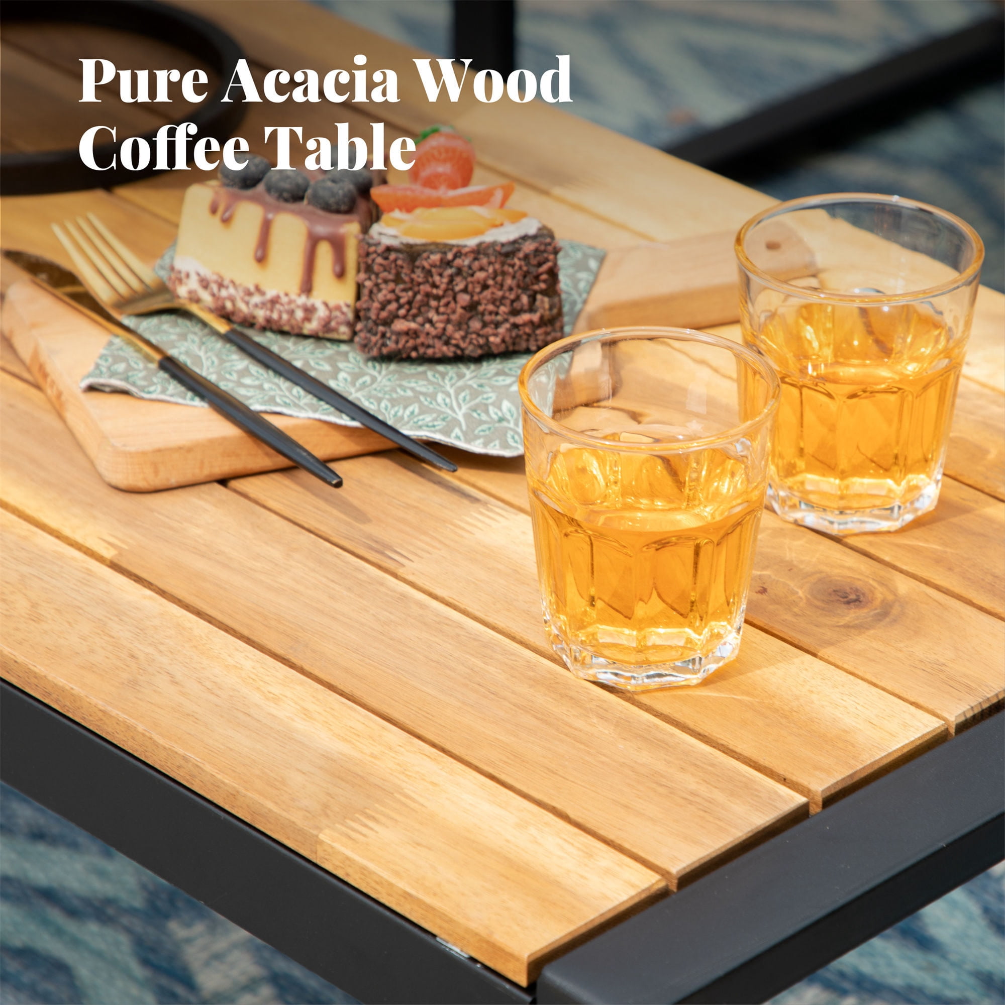 MF Studio 4-Piece Wicker Patio Furniture Set with Acacia Wood Table, Weather-Resistant Outdoor Conversation Set, Brown and Beige