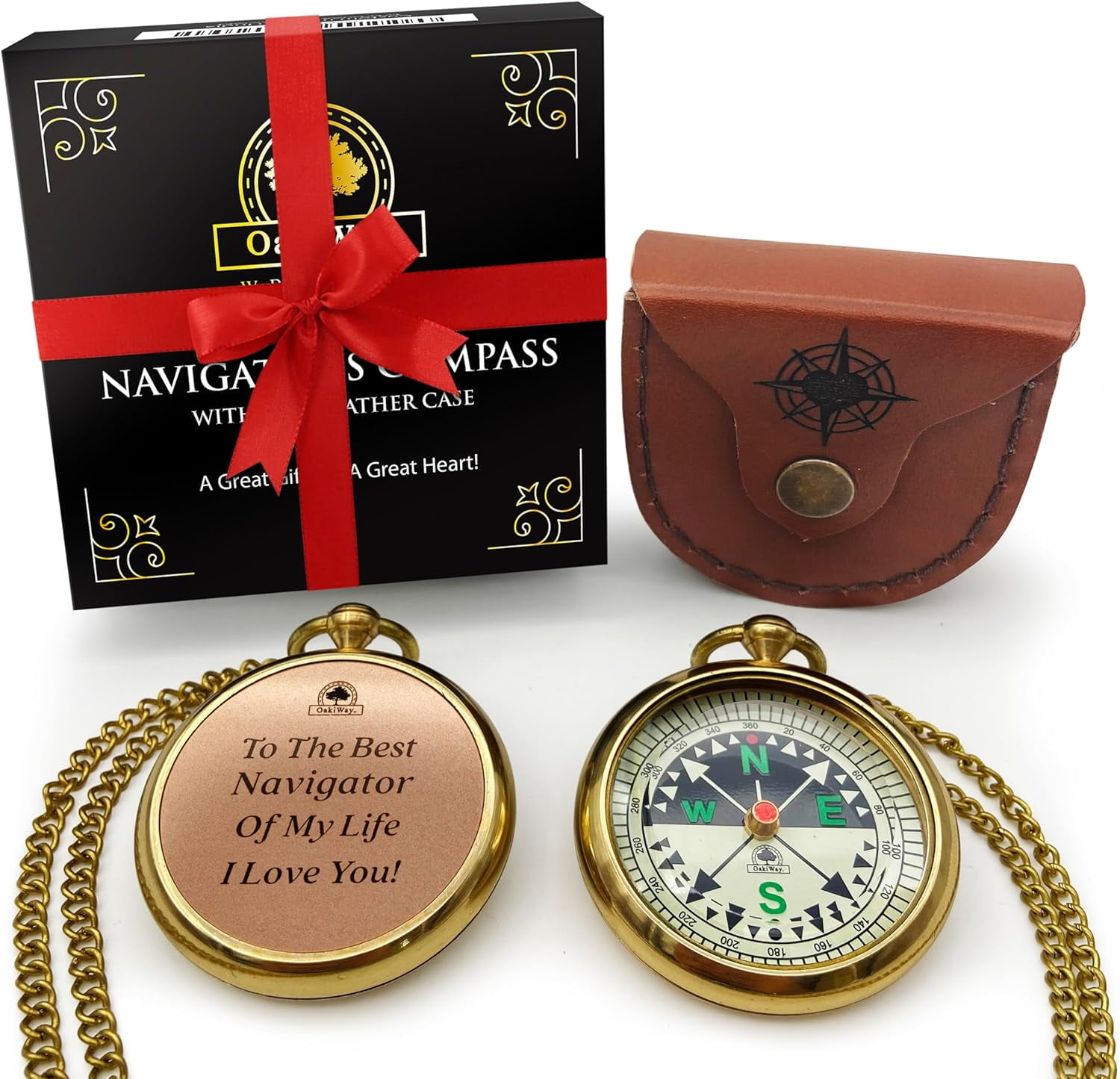 OakiWay Luxury Compass in Leather Case with Brass Chain – Thoughtful Gift for Dad & Child. Ideal Gift for Hiker, Traveler, Or Outdoor Enthusiast