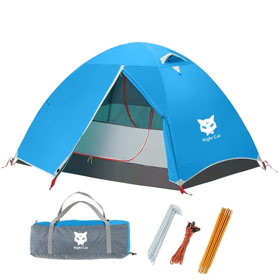 Night Cat Backpacking Tent 2 Persons with Aluminium Pole Camping Tent Adults Lightweight Rainproof Portable Easy Setup Two Doors Double Layers Hiking Mountaineering Outdoors 2.2x1.4m Blue
