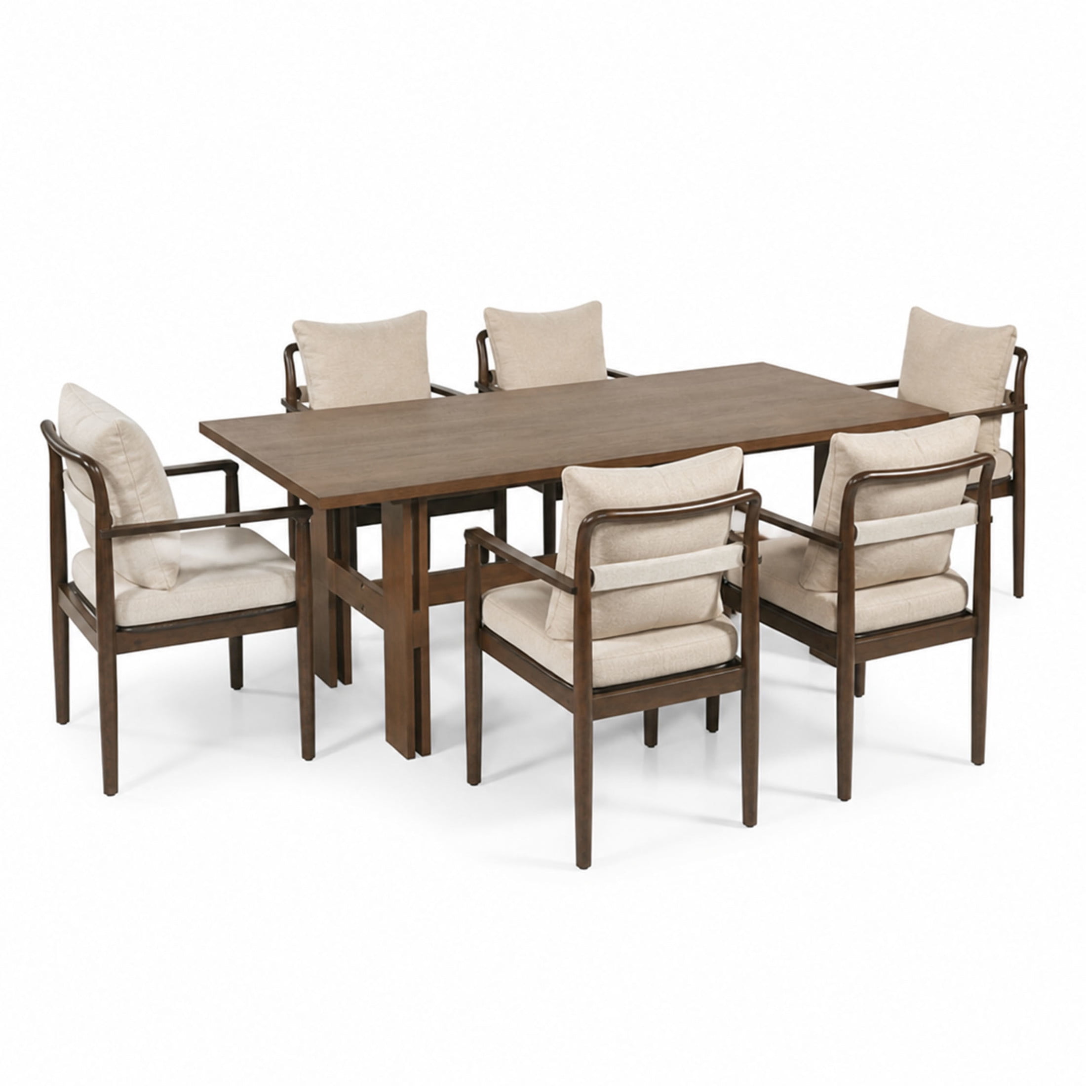 Christopher Knight Home 7-Piece Mid-Century Wood Dining Table with Upholstered Armchairs Set, Walnut+Beige