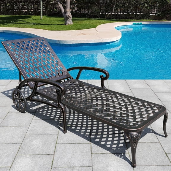 HOMEFUN 75.4 in. L Antique Bronze Aluminum Outdoor Chaise Lounge Reclining Chair with Adjustable Wheels