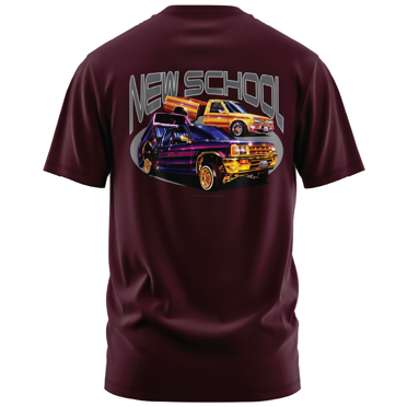 Rollin Hard men's New School Lowrider burgundy classic fit front and back print graphic tee shirt