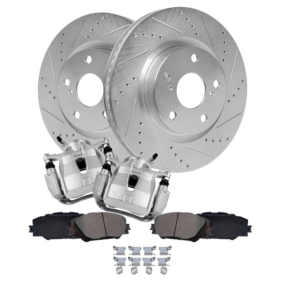 Detroit Axle - Front Brake Kit for Toyota RAV4 Matrix Mirai Corolla iM Pontiac Vibe Scion iM tC, Drilled & Slotted Brake Rotors and Ceramic Brakes Pads Brake Calipers Replacement: 11.65" inch Rotor