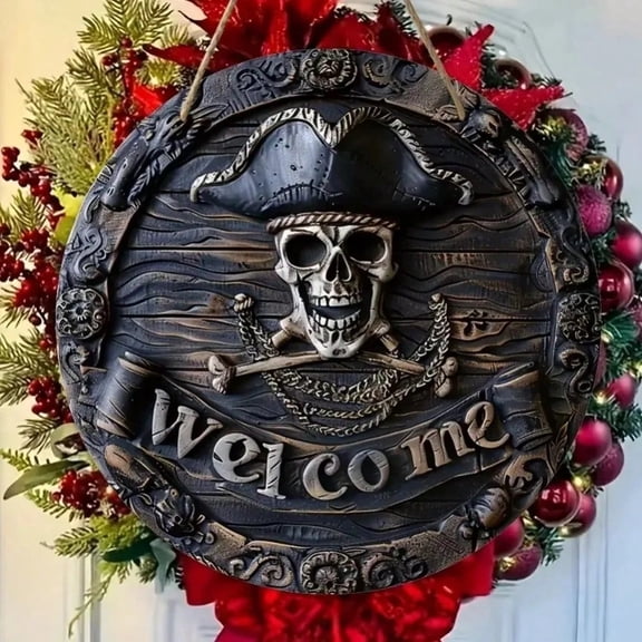 HELLOYOUNG Skull Pirate Welcome Sign Spooky Halloween Decor, Pirate Skull Metal Tin Sign for Door Wall Indoor Outdoor, Vintage Style Rustic Art Poster
