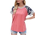 thumbnail image 1 of Pompotops T-Shirt Blouse à Manches Courtes Décontracté pour Femme à Imprimé, à Coutures, à Rayures, Col Rond, 1 of 8