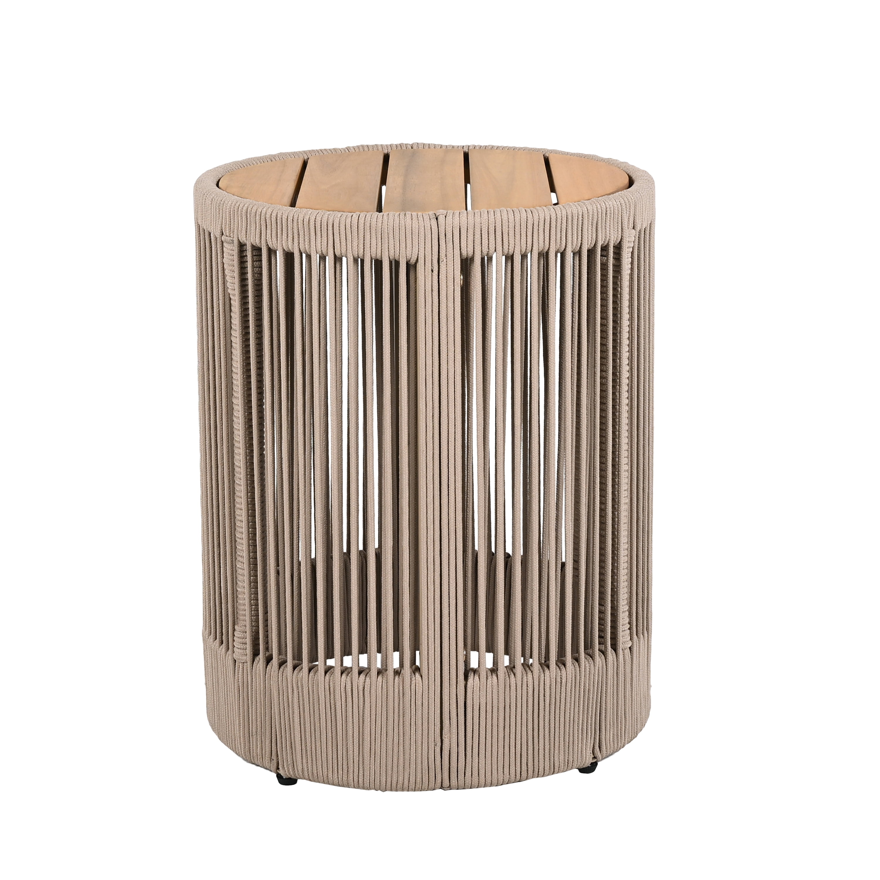 Euroco Outdoor Rattan rope & Acacia Wood Side Table - Patio Balcony Furniture for Garden, Yard, Balcony - Weather Resistant(Rope Beige, Natural Iron)