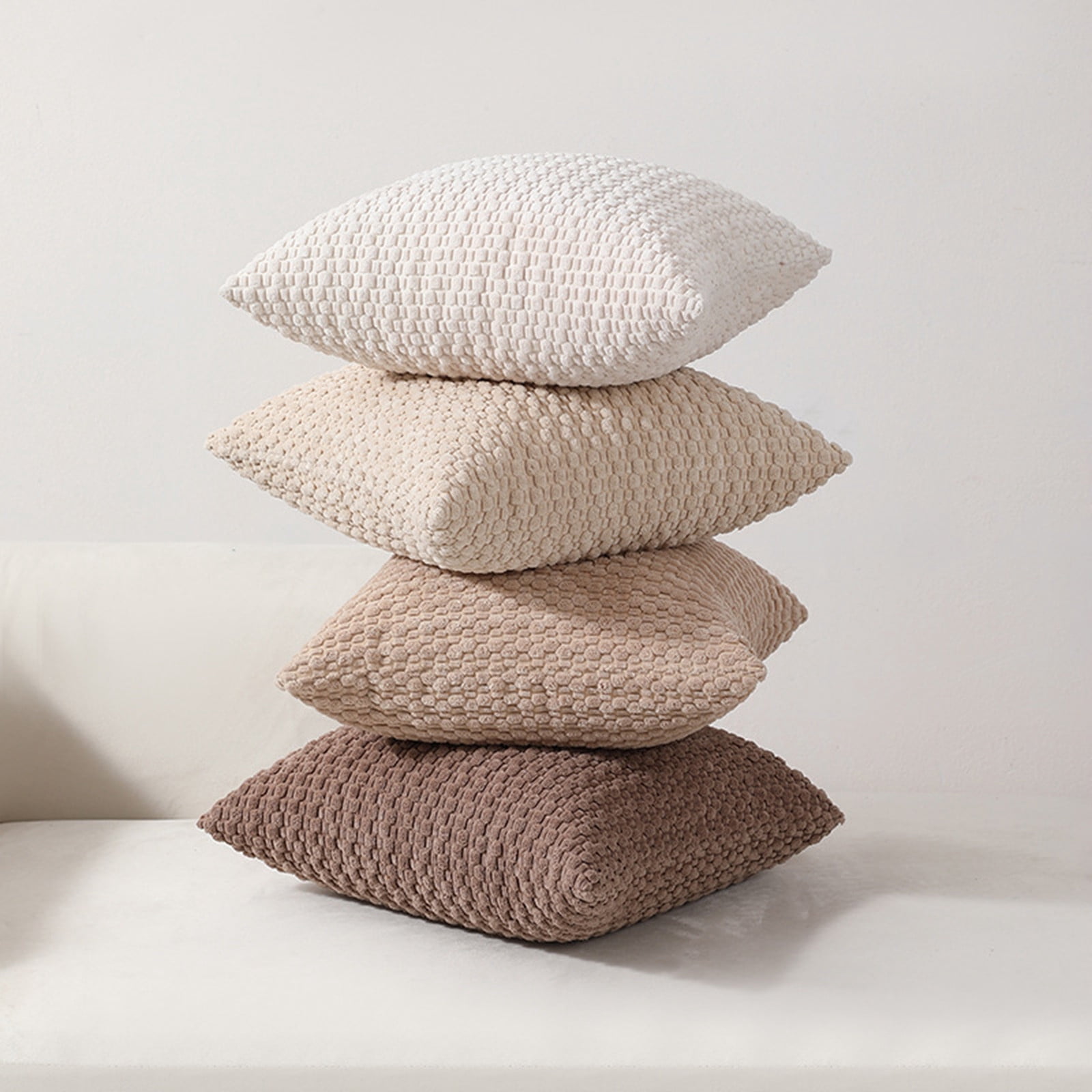 Pack of 4 Neutral Decorative Throw Pillow Covers Farmhouse Boho Home Decor Striped Corduroy Square Pillowcases 18 x 18 Inch Beige Chocolate (Pillow core not included）
