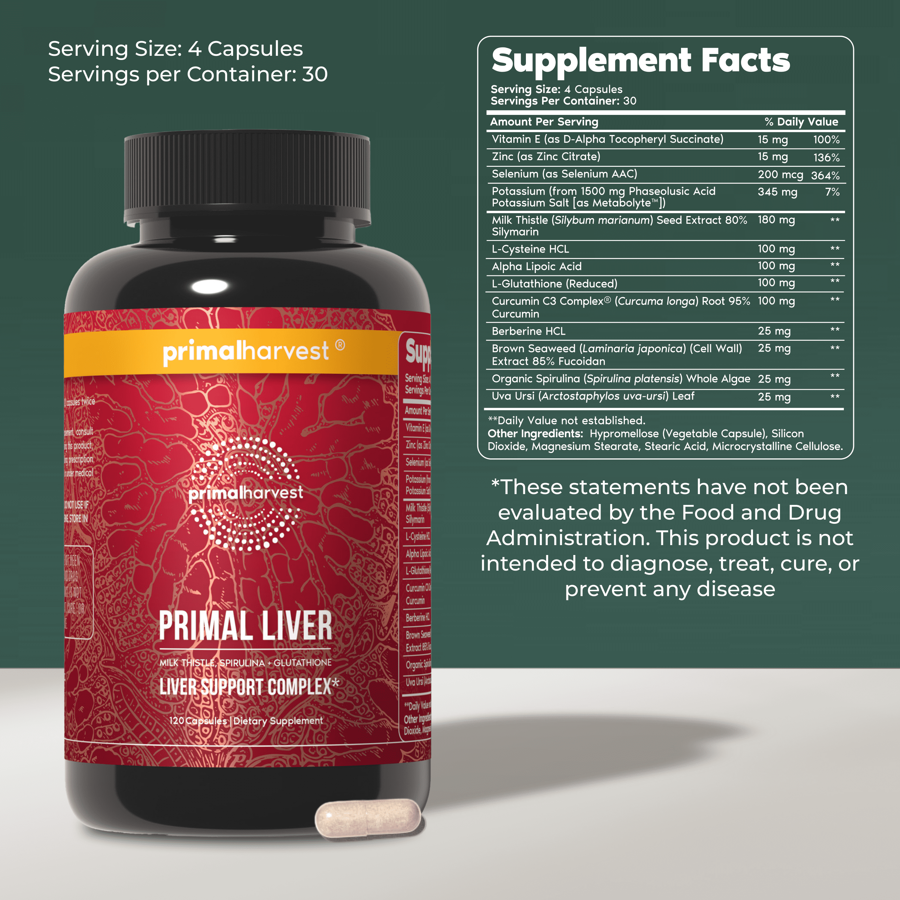 Primal Harvest Primal Liver, 2 Pack: Liver Detox & Support with Alpha-Lipoic Acid, L-Cysteine, Glutathione, Milk Thistle, Spirulina, Turmeric & Dandelion Root for Healthy Liver Function. ( 120ct)