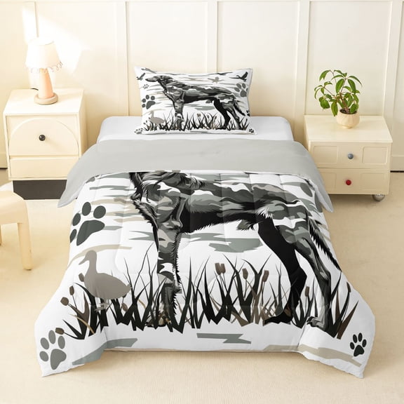 Homewish Camo Labrador Retriever Twin Comforter Sets,Vintage Dog Paws Duck Bedding Set,White,Light Gray Reversible,2pcs,1 Comforter and 1 Pillowcase