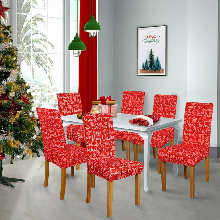 Merry Christmas Chair Covers for Dining Room Set of 6, Red Xmas