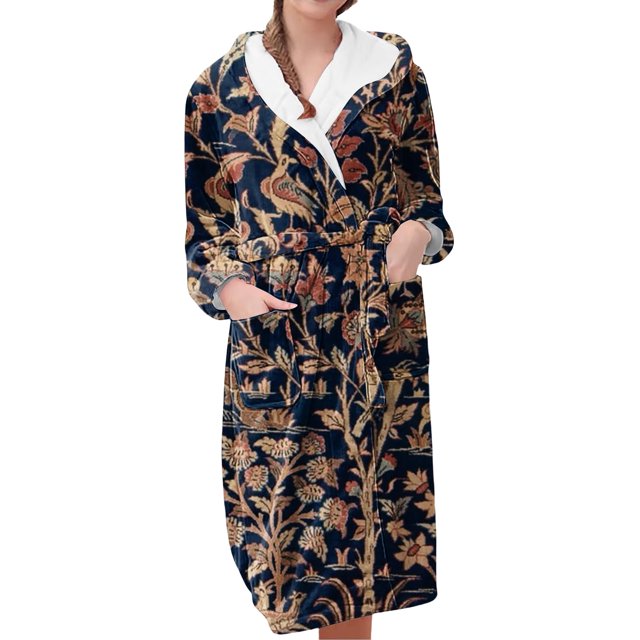 Women's Fleece Plush Robe Long Warm Plush Bathrobe Loungewear Jacket Printed Comfort Robe
