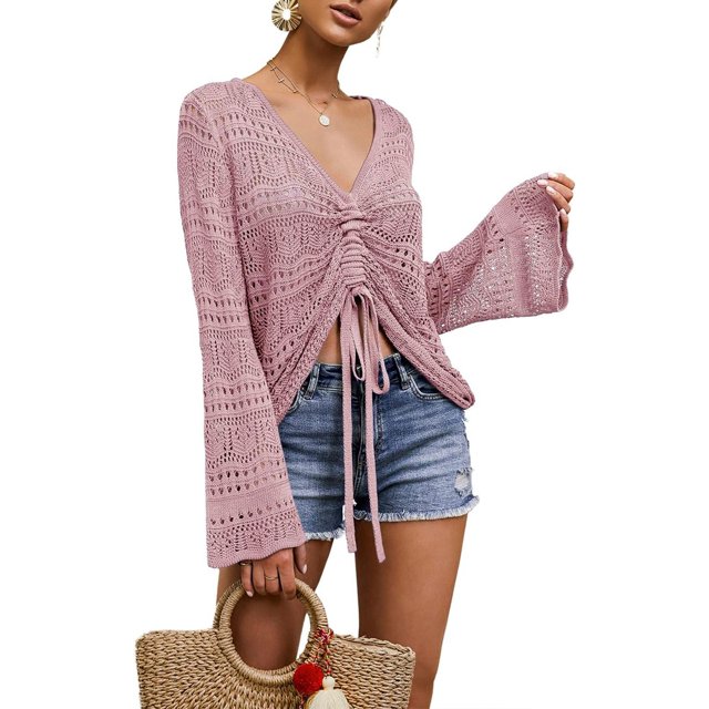 XINQIHANG Womens Boho Off Shoulder Sheer Crop Tops Bell Sleeve Flowy Oversized Crochet Ruched Pullover Sweaters