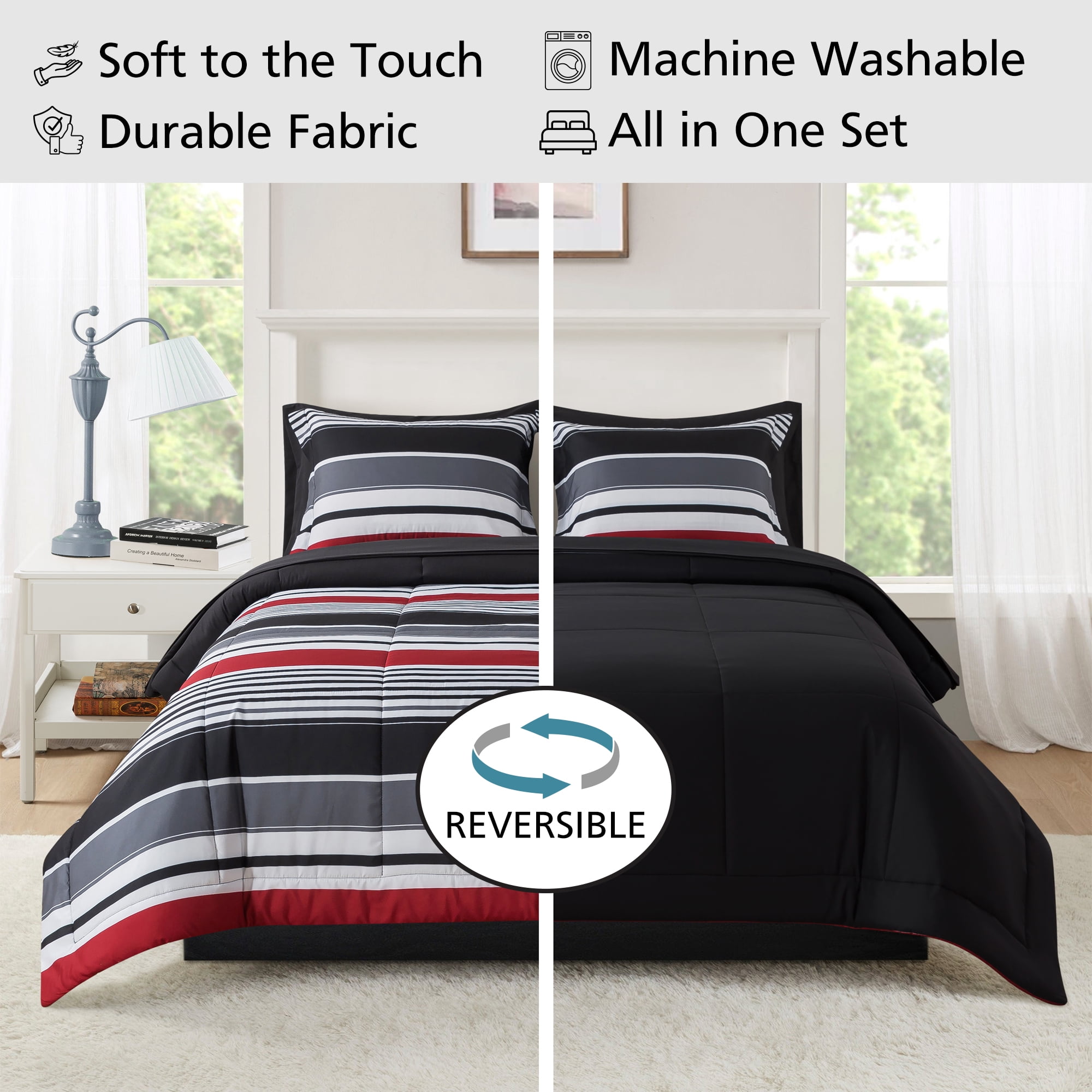 Mainstays All in One Reversible Comforter and Sheet set- 7 Piece, Full, Red and Black Stripe