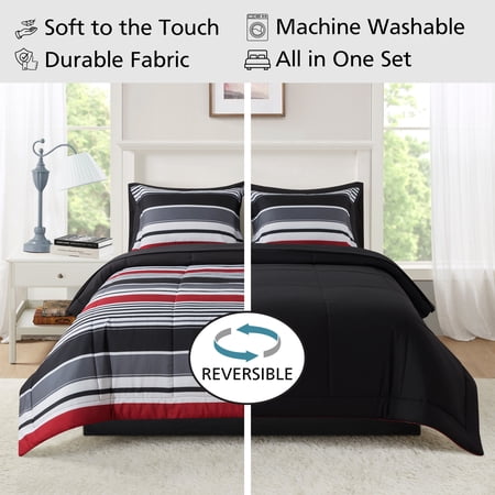 MAINSTAYS ALL IN ONE REVERSIBLE COMFORTER AND SHEET SET- 7 PIECE, KING, RED AND BLACK STRIPE