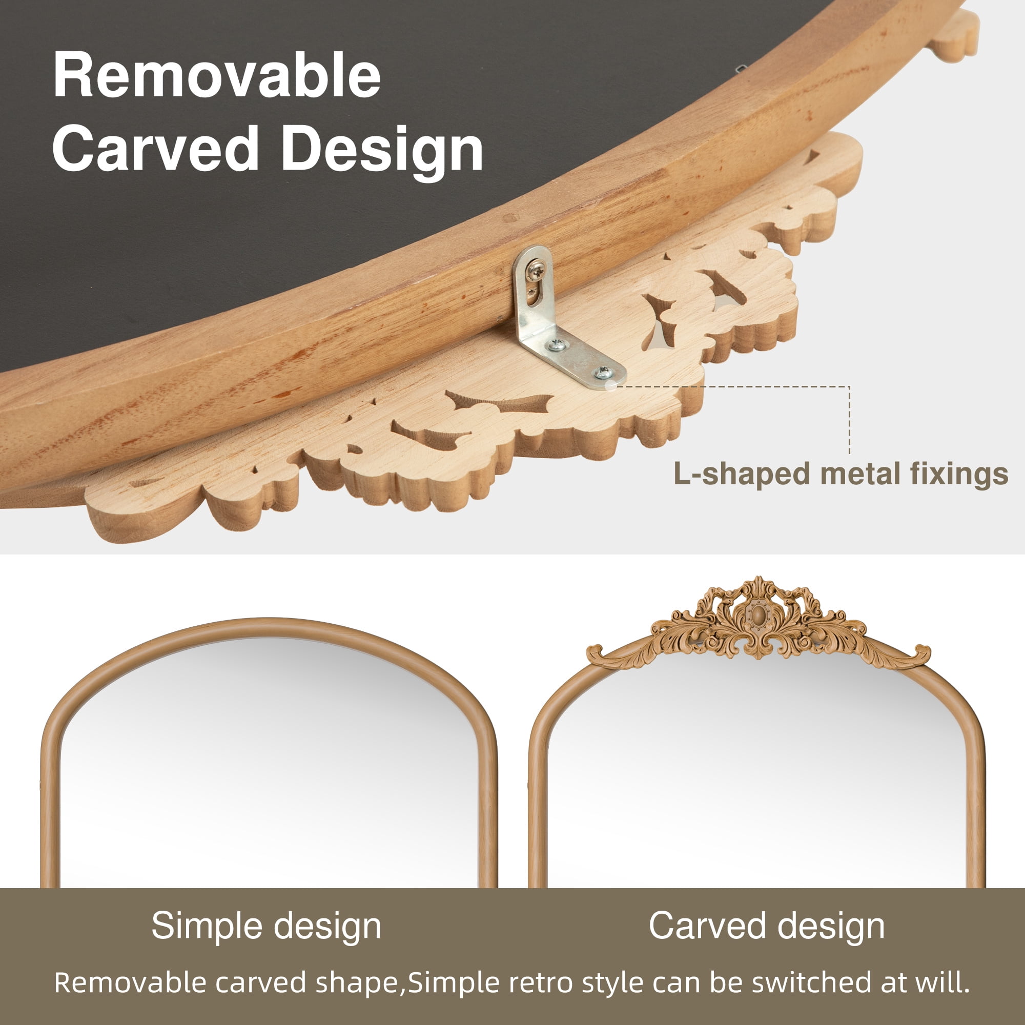 36"x24" Wood Rattan Wall Mirror Carved Arched Mirror,Natural