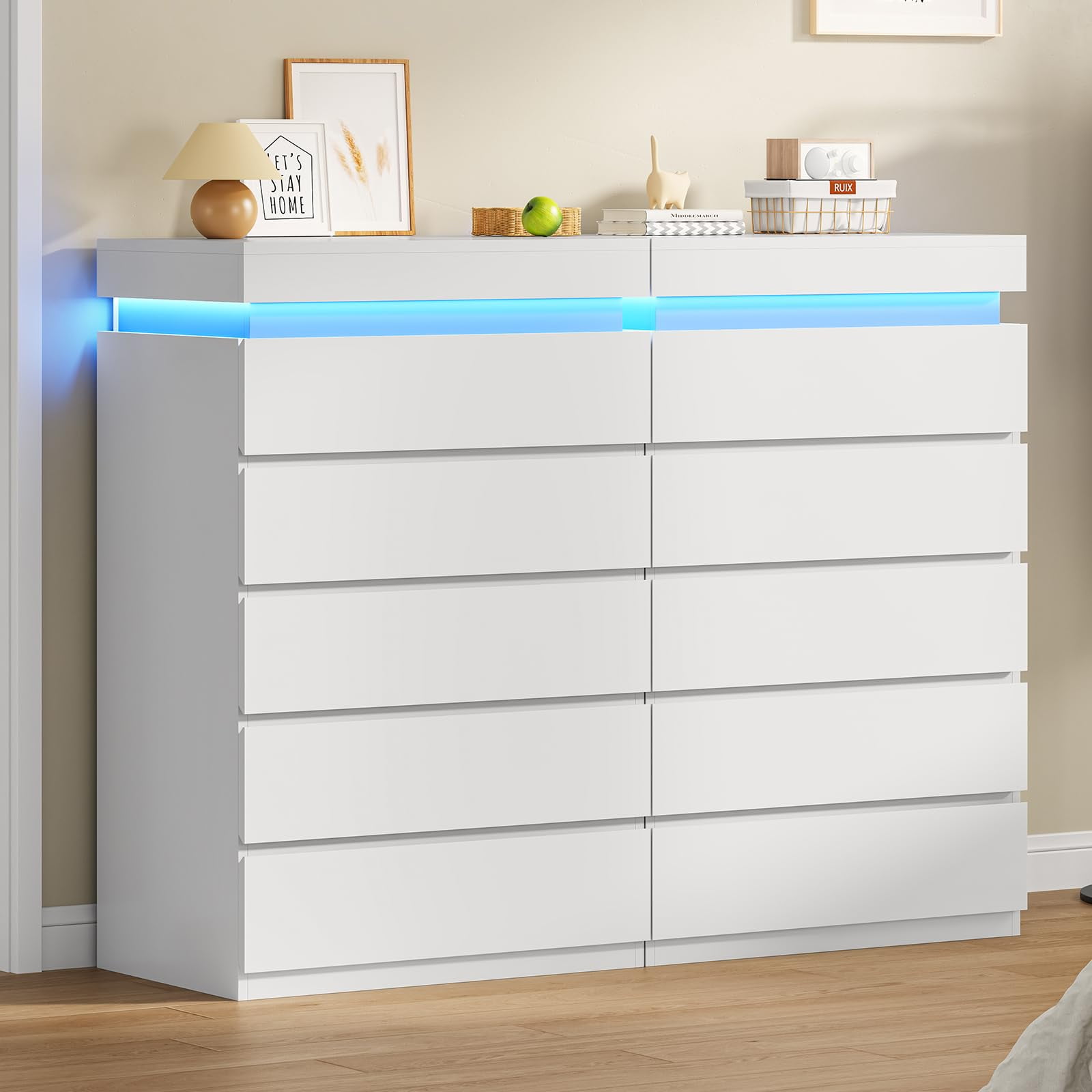 Afuhokles White 5 Drawer Dresser with LED Light, Chest of Drawers for Bedroom, White