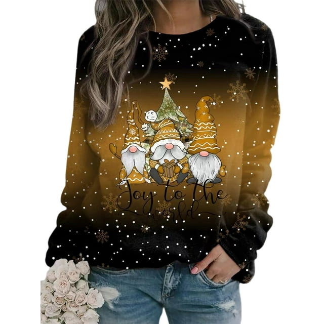 Bellella Sweatshirts de Noël pour Femmes Manches Longues Hauts de Noël Col Rond Pull Ample Imprimé Santa Claus Marron L