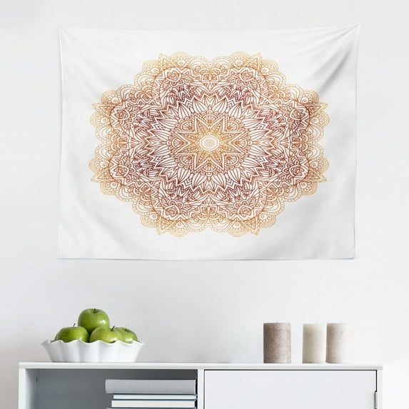 Brown Mandala Tapestry, Monochrome Inspired Round Form Mandala with Circles and Flowers, Fabric Wall Hanging Decor for Bedroom Living Room Dorm, 2 Sizes, Chocolate and White, by Ambesonne