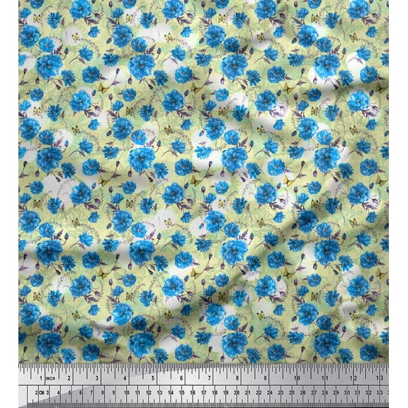 Soimoi Blue Cotton Duck Fabric Insect,Leaves & Floral Print Fabric by The Yard 42 Inch Wide