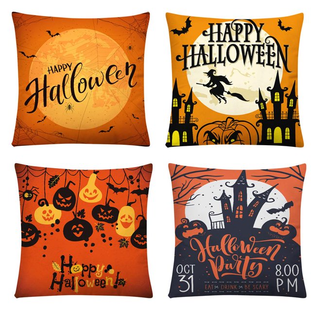 Fundas De Almohada De Tiro De Halloween 18X18 Pulgadas Decoraciones De Halloween Sombrero De Bruja De Calabaza Funda De Almohada De Araña Funda De Cojín De Lino 4 Uds Cateissary HA037671-00